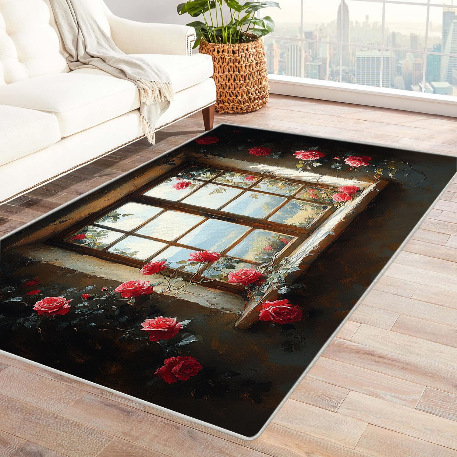 Grand tapis rectangulaire couloir rouge 60x90cm motif roses