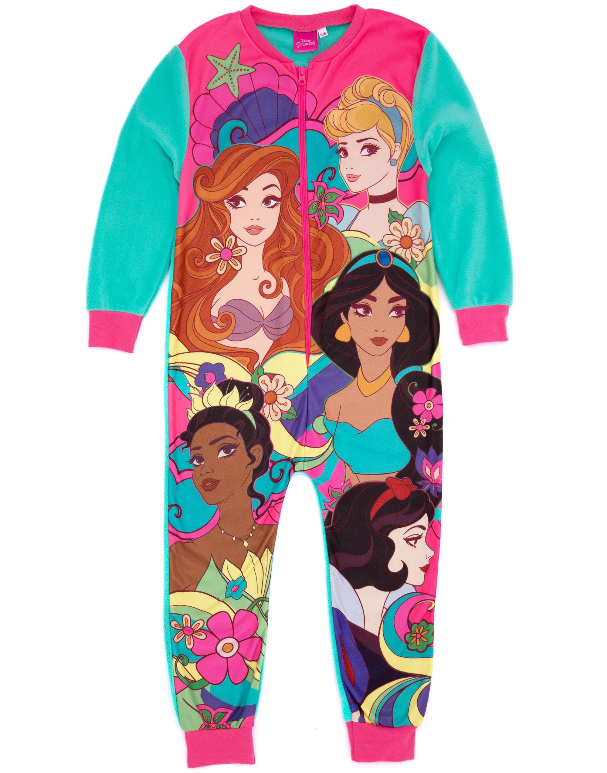 Disney Girls Blue Princess Onesie In | Kids All In One Fleece Loungewear Pyjama | Cinderella Snow White Jasmine Little Mermaid Tiana Nightwear Pjs | Sleepsuit Pajama Merchandise Gift For Children