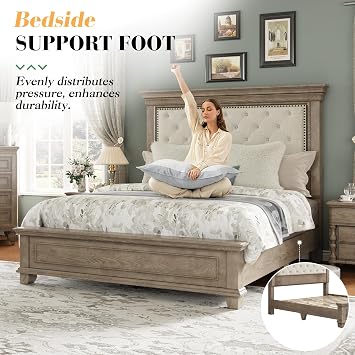 LUXOAK Solid Pine Wood Queen Bed Frame | 69 High Upholstered Headboard