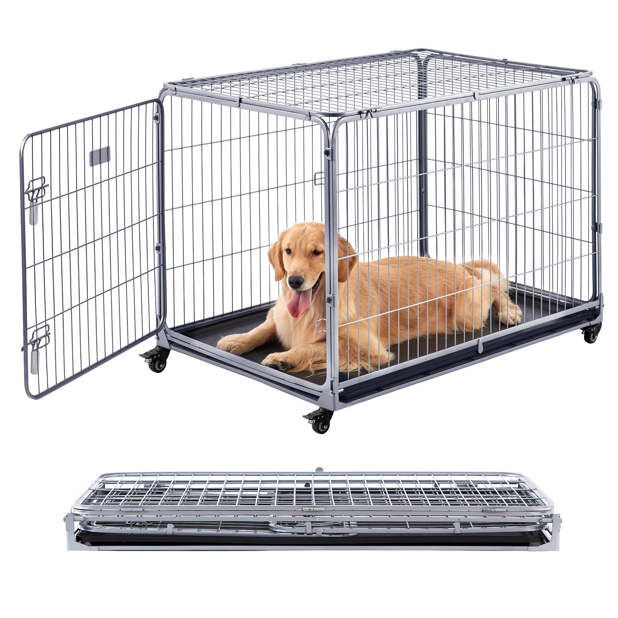 ZOMISIA Hundekäfig XL Faltbar mit Rollen, 108 x 72 x 73.2 cm, Grau | für große Hunde, Hundebox Metall mit Doppeltür, einfach montierbarer Käfig, herausnehmbarer Schubladenboden