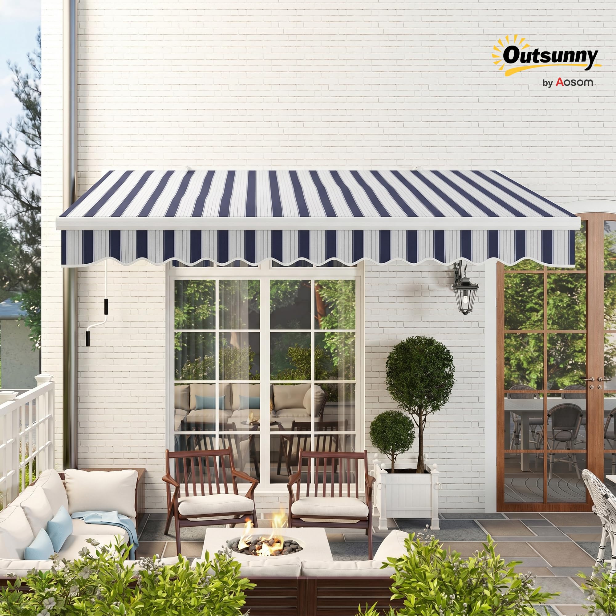 Outsunny Tenda manuale retrattile, 395 x 245 cm, tenda da sole esterna con angolo regolabile, braccio articolato, montaggio a parete, struttura in alluminio, anti-UV e impermeabile, per giardino, blu