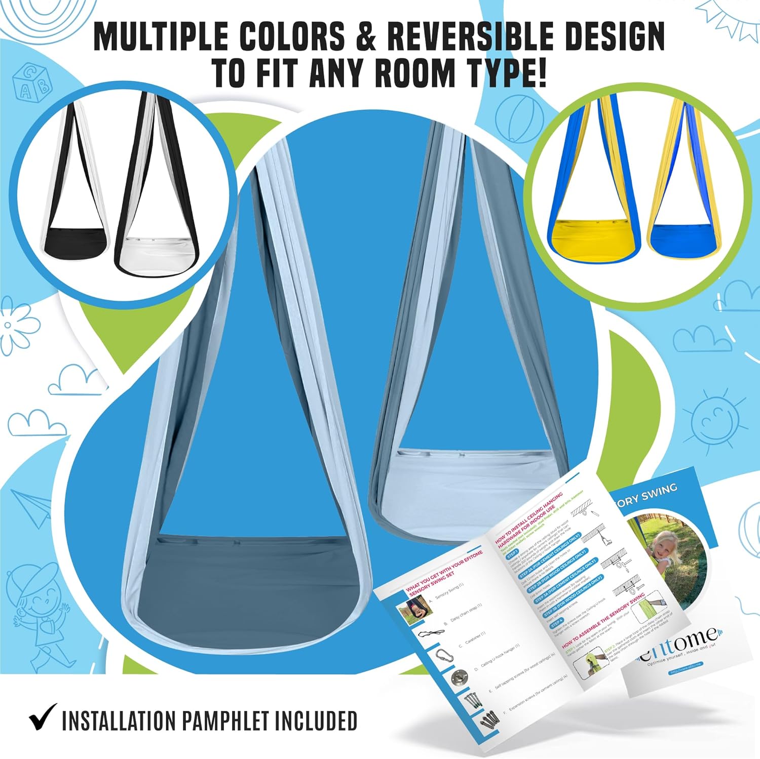 Sensory Swing for Kids Indoor Ceiling/Outdoor Tree Hanging Kit - Therapeutic Swing for Autism, ADHD & Aspergers - Blue (Two Tone) Compression Swing - All Hardware Included