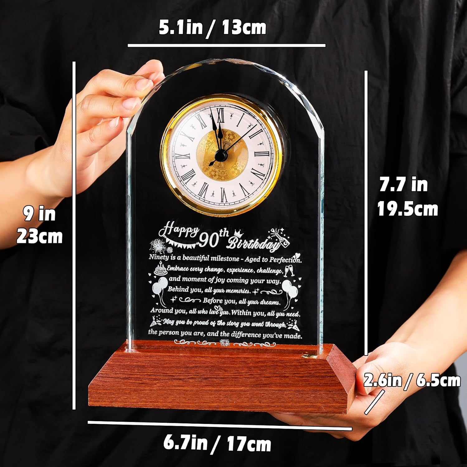 Happy 90th Birthday Glass Clock Gifts for Women, Men - 90 Year Old Birthday Gift with Wooden Light Base for Her Him, Turning 90 Quartz Clock Gift Idea for Mom Dad Unique Decoration