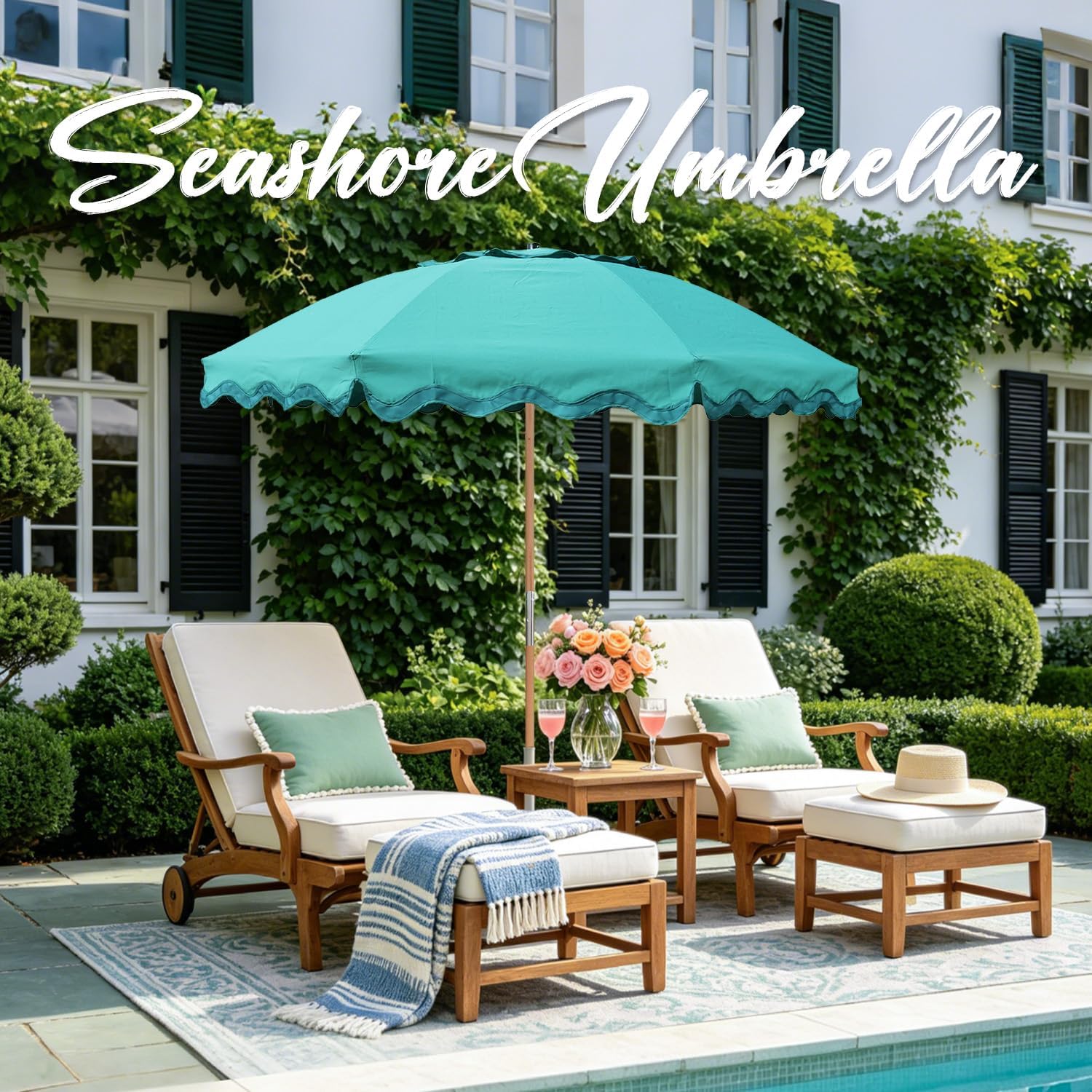 AMMSUN 7.8ft Seashore Umbrella, Outdoor Umbrella, Boho Patio Umbrella with UPF 50+ Air Vent Ash Wood Pole Carry Bag & Water-Resistant Canvas Teal Green