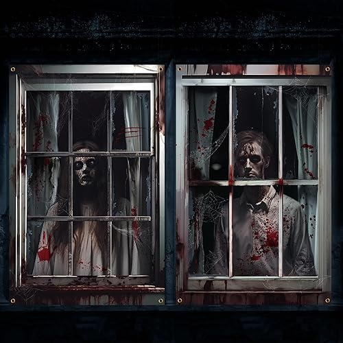 Miniatura 13 de Newwiee - 2 cortinas de Halloween aterradoras con silueta para ventana, decoración, póster temático para interiores y exteriores, fiestas, paredes