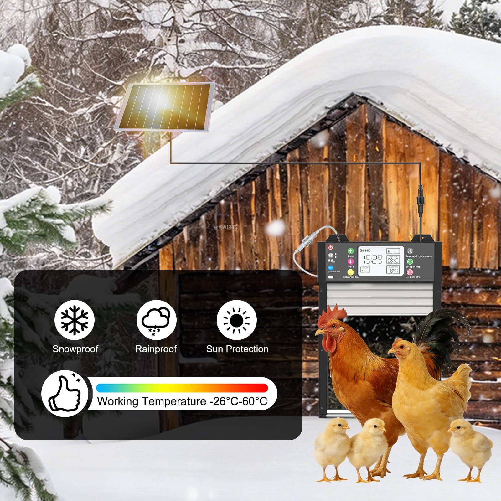 Porta Pollaio Automatica Solare Alluminio, Porta Elettrica Sensore Crepuscolare, Timer, WiFi & App, Sistema Anti-pizzicamento, Schermo LCD, Telecomando e Batteria 4000mAh