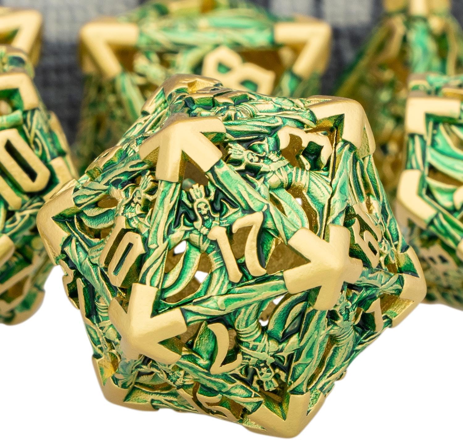 Hollow DND Dice Set Metal Wizard Dice with Box, 7pcs Green Polyhedral D and D Dice for use with D&D RPG Tabletop Games Role Playing Game
