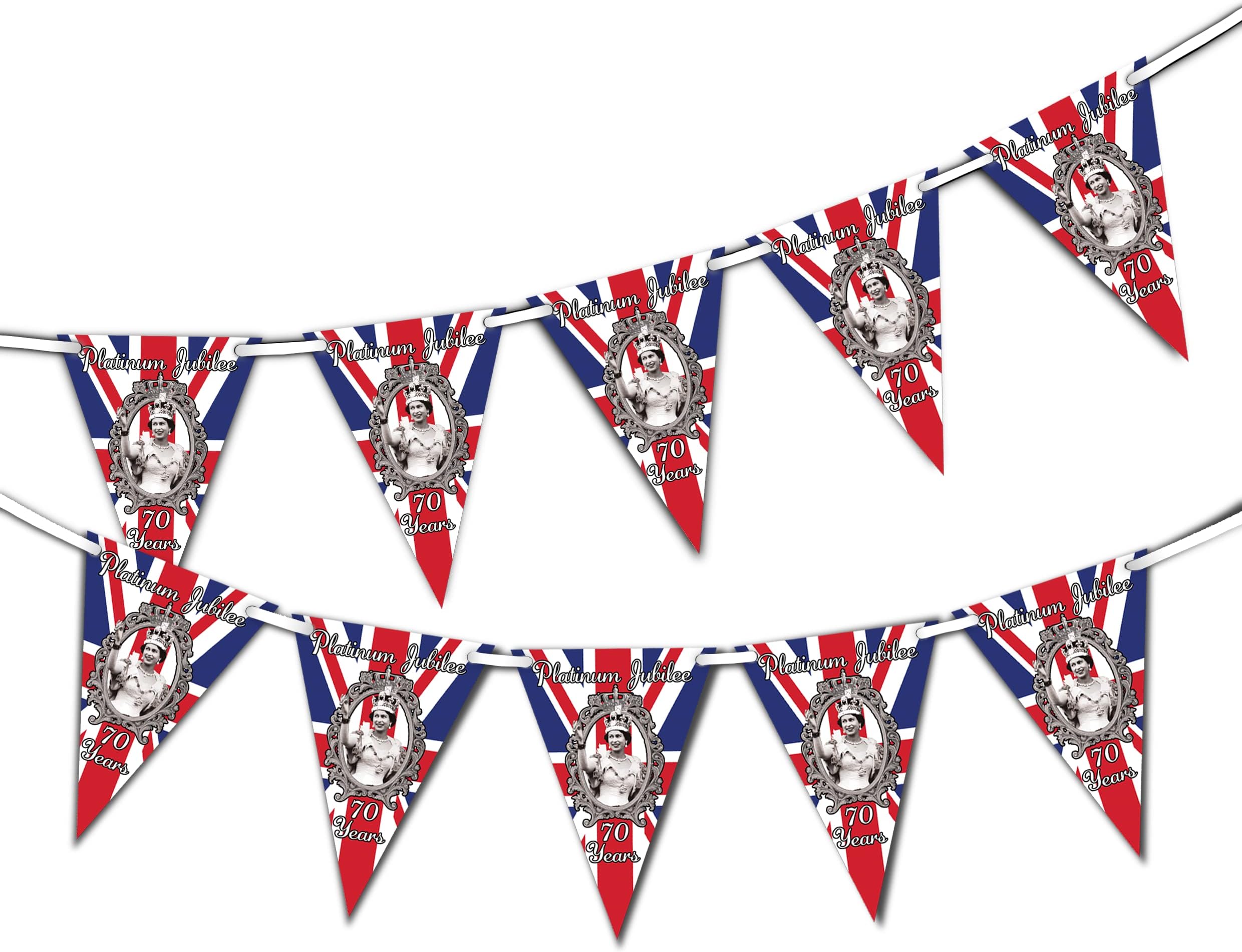 Queen Platinum Jubilee - Union Jack - Silver Text 70 Years - Full Flag Patriotic UK United Kingdom Themed Bunting Banner 15 Triangle flags National Royal decoration by PARTY DECOR