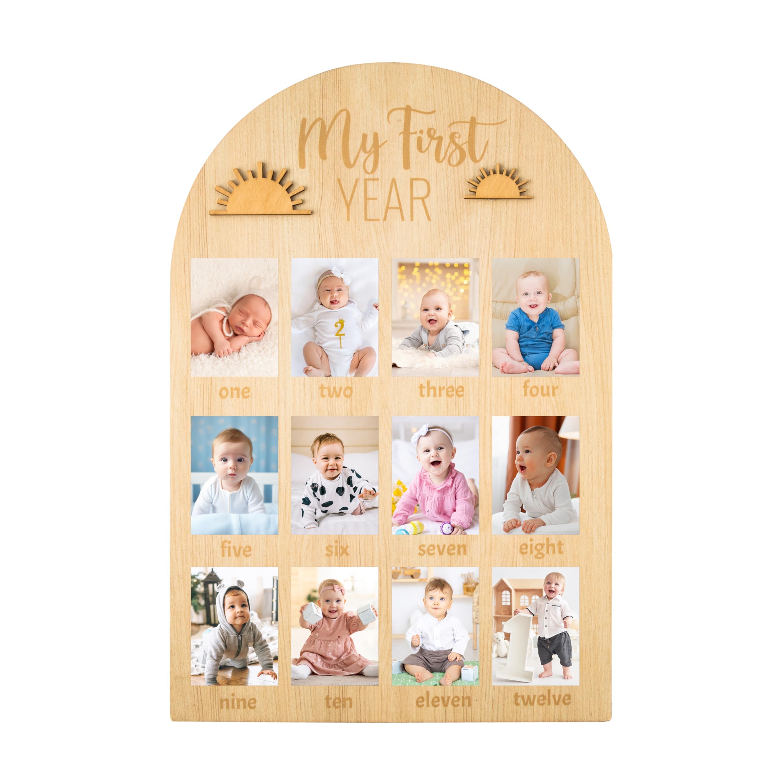 R HORSE My First Year Photo Display Wood Board - Fits 2 x 3 Inch Photo, 3D Boho Sun Baby's First Year Picture Frame 12 Months Milestone Board Baby Keepsake Birthday Nursery Decor Gift for Boy Girl