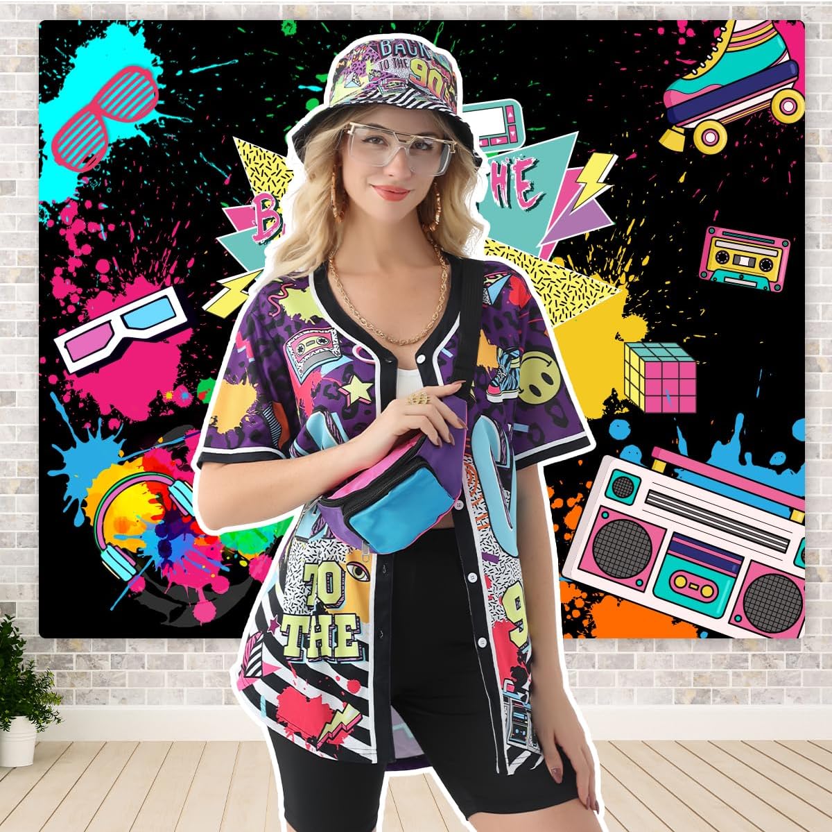 80s 90s Outfit for Women Baseball Jersey Shirt Shorts Fanny Pack Retro Party Costume Repper Accessories