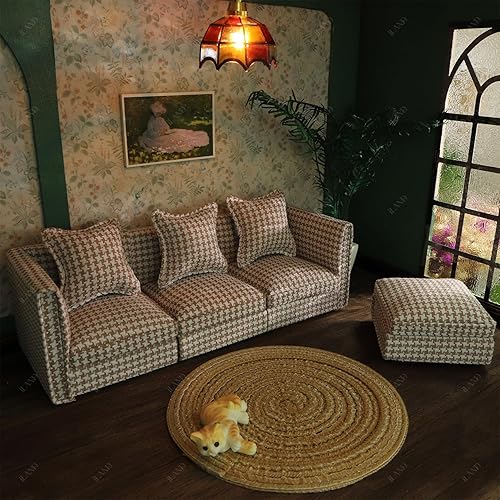 Miniatura 12 de iLAND Muebles de casa de muñecas, juego de sofá seccional en miniatura para decoración de casa de muñecas, accesorios a escala 1/12, sofá moderno