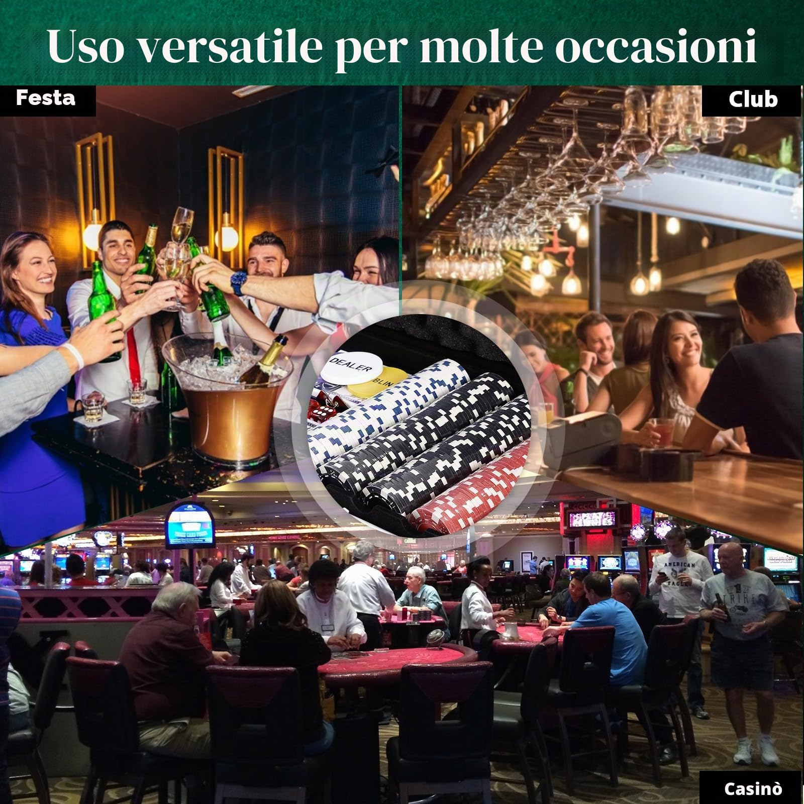 HOMASIS Set da poker con 500 chip, valigetta da poker con 2 mazzi di carte, 5 cubetti, tappetino da casinò, 3 button, custodia da poker professionale in alluminio, set completo di carte da poker per