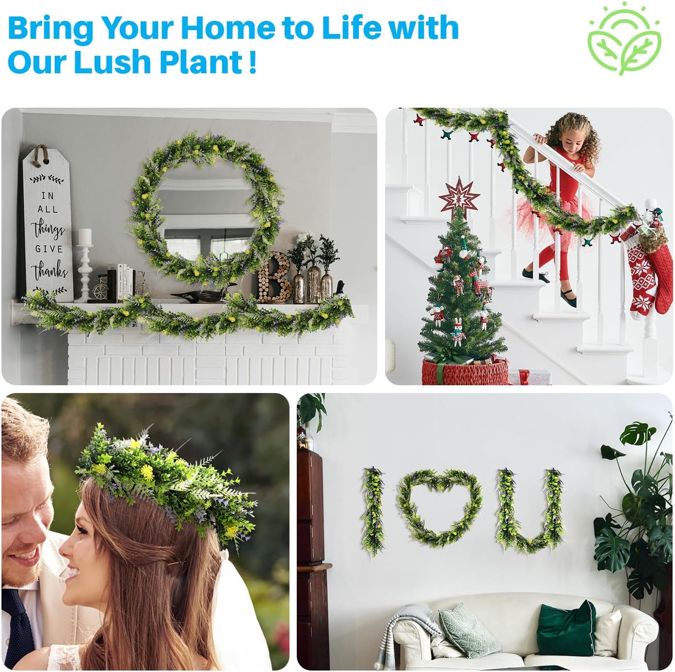 Patio Artificial Vines 19.7" Fake Hanging Plants-6Pc Faux Ivy Vine Leaves Flower Garland Fake Fern for Indoor Bedroom Wall Décor Outdoor Greenery Backdrop Wedding Decoration, Green with Purple