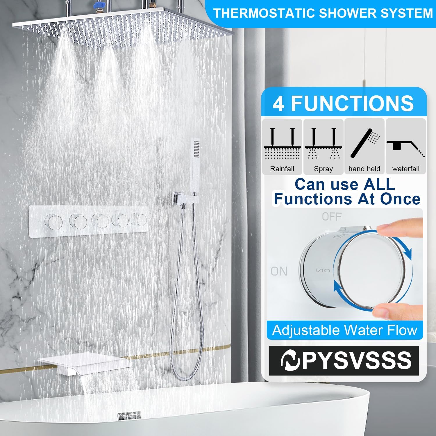 16 Inch Ceiling Mount Dual Function Shower Head Rain Mixer Shower Faucet Set with Waterfall and fog water Tub Spout Square Thermostatic Shower System,Polished Chrome