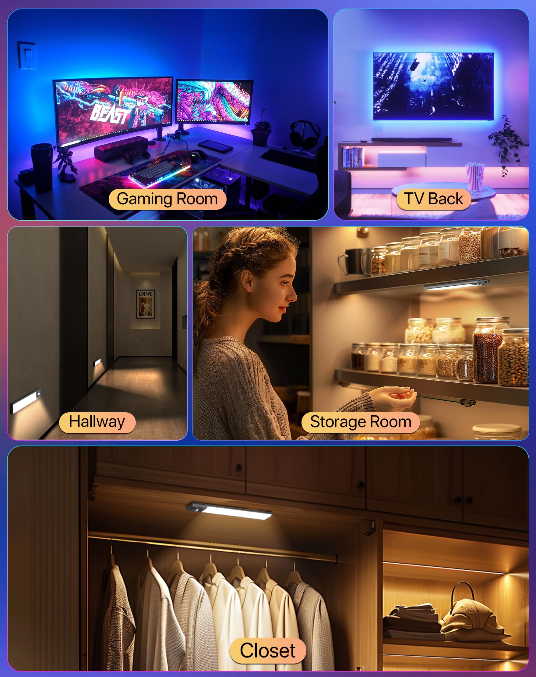 Rossetta Motion Sensor Light Indoor, Under Cabinet Lights For Kitchen, 78 LED Wireless Night Light, Rechargeable Battery Operated, White, 10.8 X 3.5 X 1.6 Inches