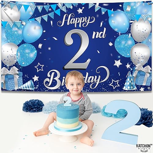 Miniatura 2 de KatchOn, Cartel azul de feliz segundo cumpleaños  Xtralarge, 72 x 44 pulgadas  Cartel de segundo cumpleaños  Telón de fondo azul y plateado para