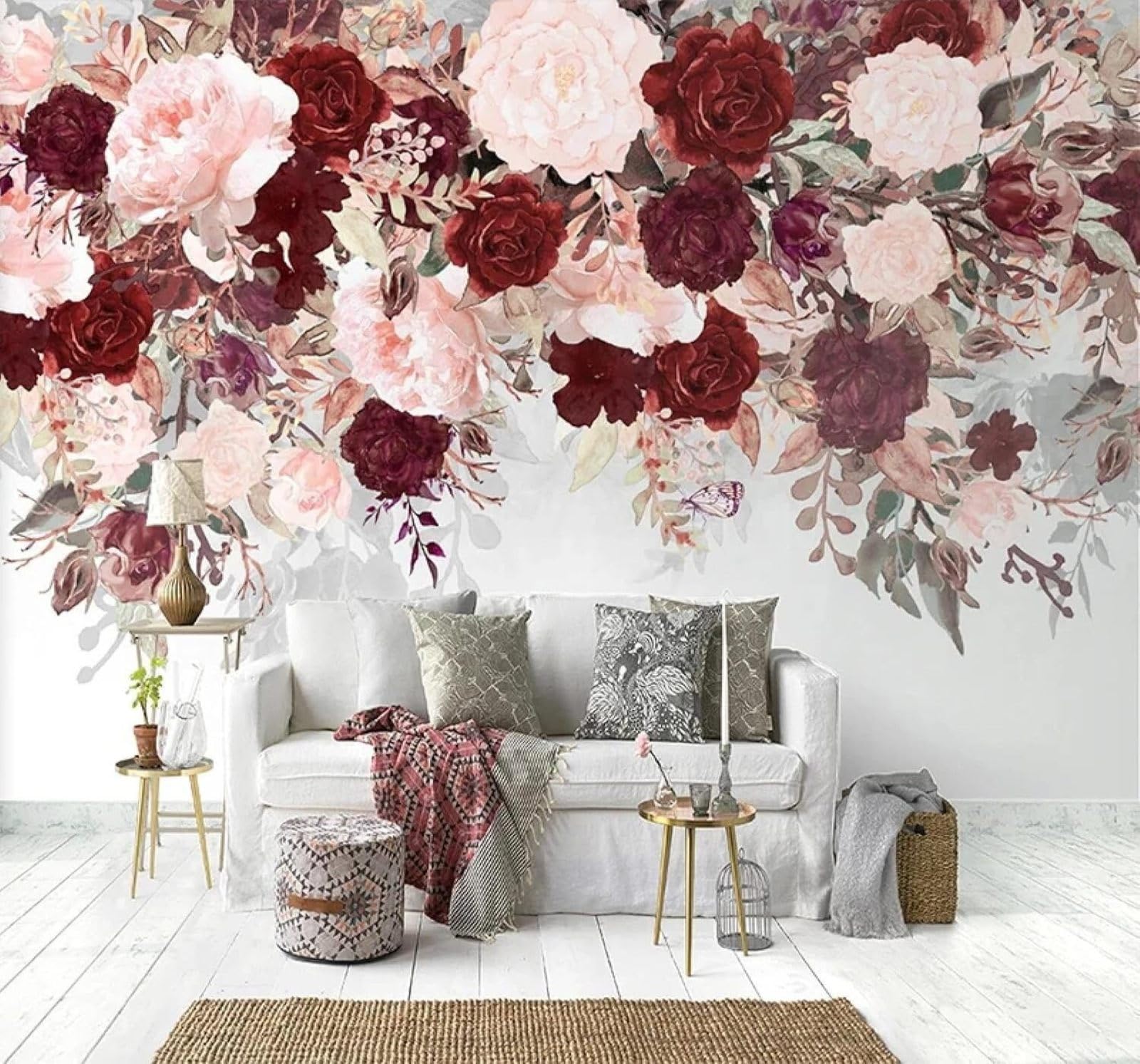 Tzxztt Watercolour Romantic Pink Roses Butterflies Modern 3D Wallpaper Premium Textured Silk Neutral Tones Material Ideal for Living Room Bedroom-250cm×170cm