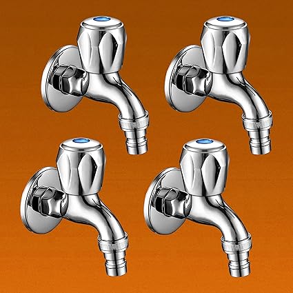 BATHIFI Zinc Nozzle Bib Cock Set of 4 Short Nose Tap Silver in Color Chrome Finish with Wall Flange for Bathroom & Kitchen Area (Pack of 4)
