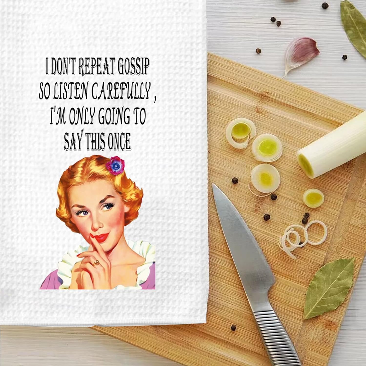 LEVLO Retro Sassy Housewife Kitchen Towel Housewarming Gift for Women Vintage Woman Waffle Weave Dish Towel Kitchen Decor (I Don't Repeat Towel) - Image 7