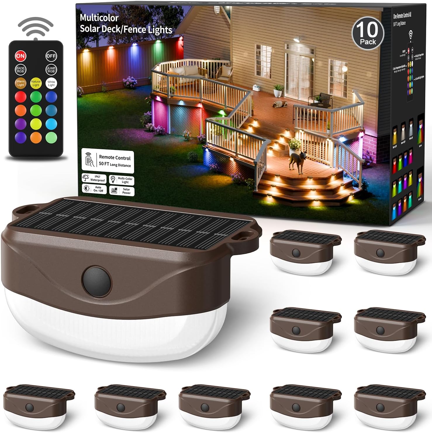 Solar Fence Lights with Remote Control 50ft,15 Multi Colors Solar Powered Outdoor Step Lighting,IP67 Waterproof Led RGBYW Colors Lamp for Outside Fence/Deck/Backyard/Stair Railing/Wall/Patio/Pool