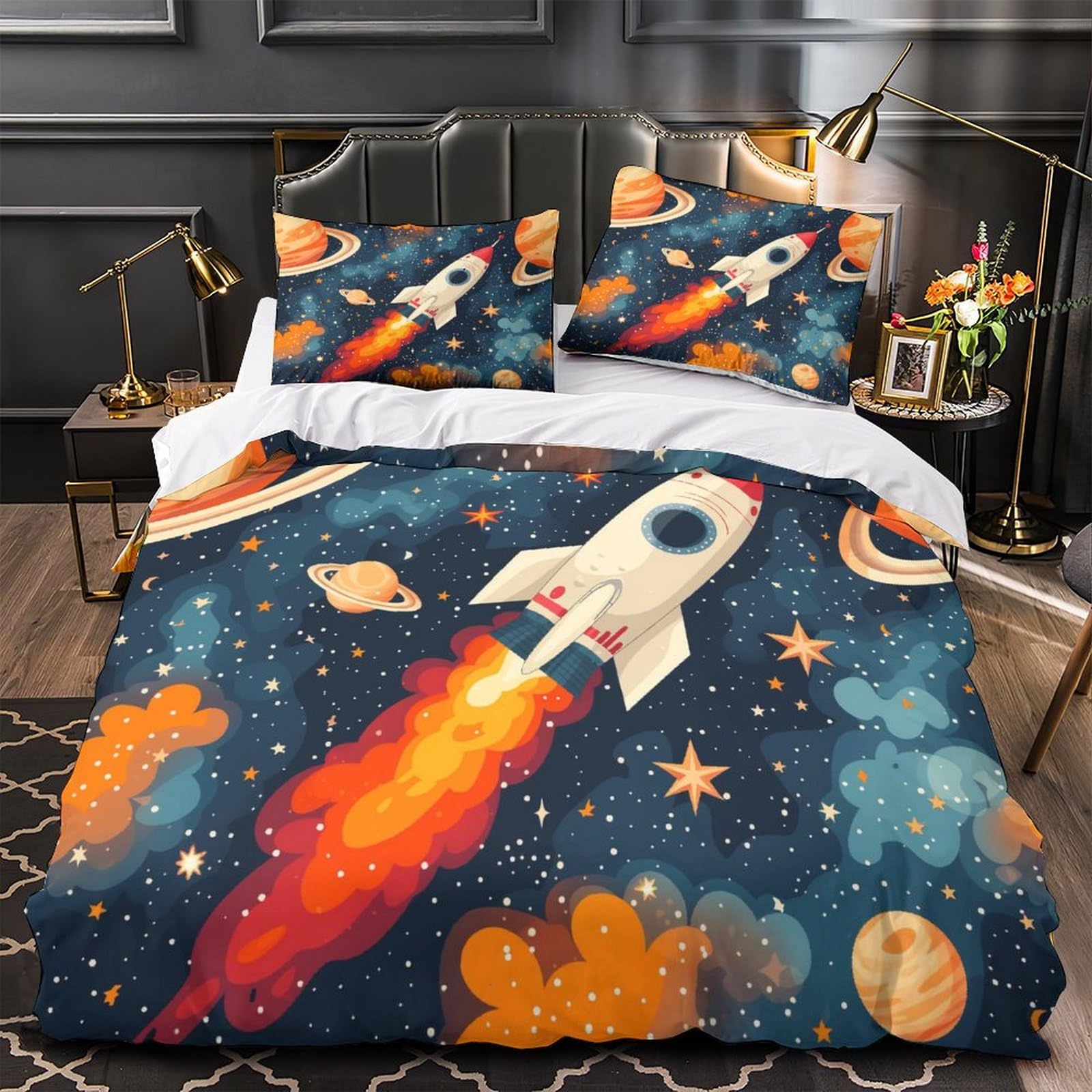Parure de couette 3D imprimé rocket literie microfibre hypoallergénique lit 2 personnes