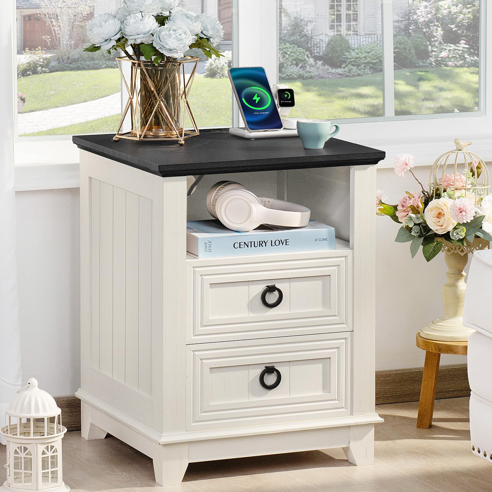 18" Farmhouse Night Stand with Charging Station, 2 Drawers End Table Dresser for Bedroom, White Wooden Nightstand, Bed Side Table with Open Shelf, Bedside Cabinet for Living Room, Closet 2 Drawers White Set 1 1