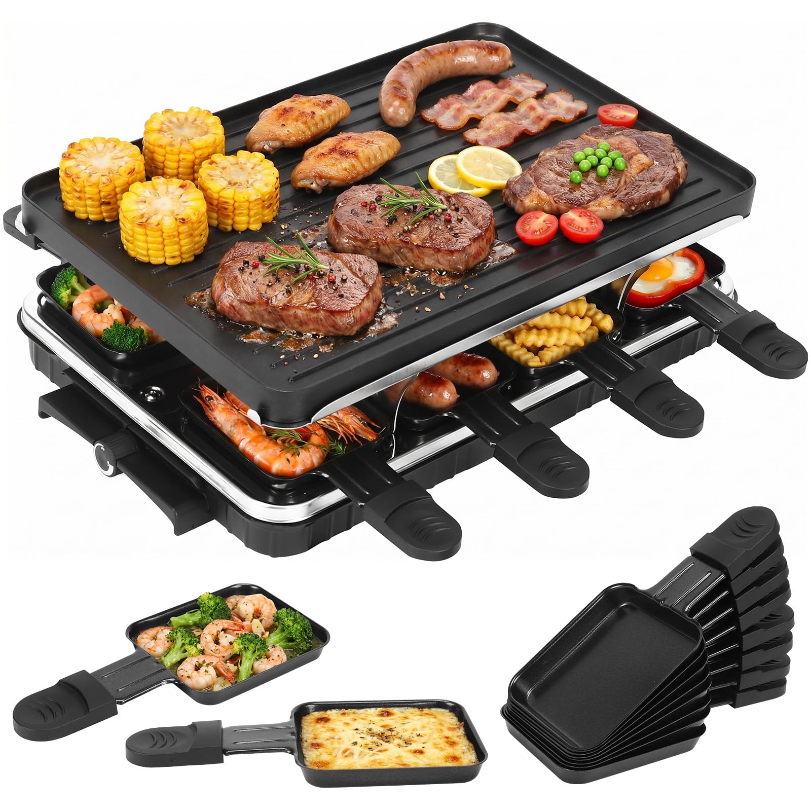 GFTIME Raclette 8 Personen, Raclette Grill Antihaft mit 8 Pfännchen-1300W