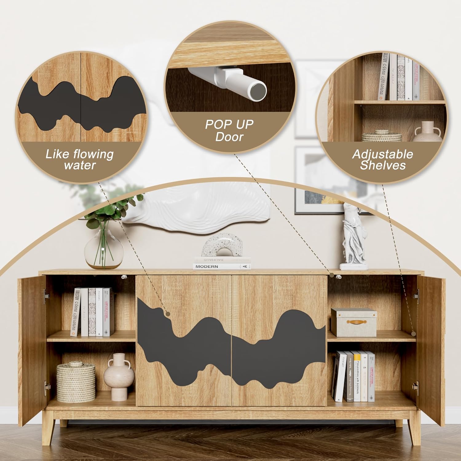 Natural Buffet Cabinet Sideboard with Storage 63'' Distinctive Coffee Bar with Flowing Water Patterns Kitchen Buffet with 4 Doors for Bedroom, Living Room (Natural and Black)