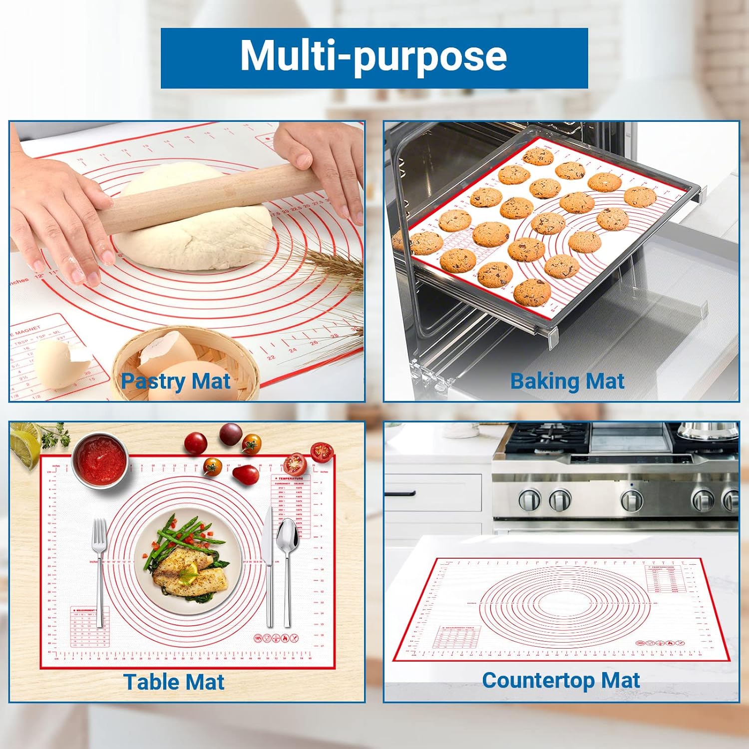 Reusable Silicone Baking Mat with 3 Scrapers, 70 x 50 cm, Non-Slip Mat and Utensils for Pastry, Macaroon, Biscuit