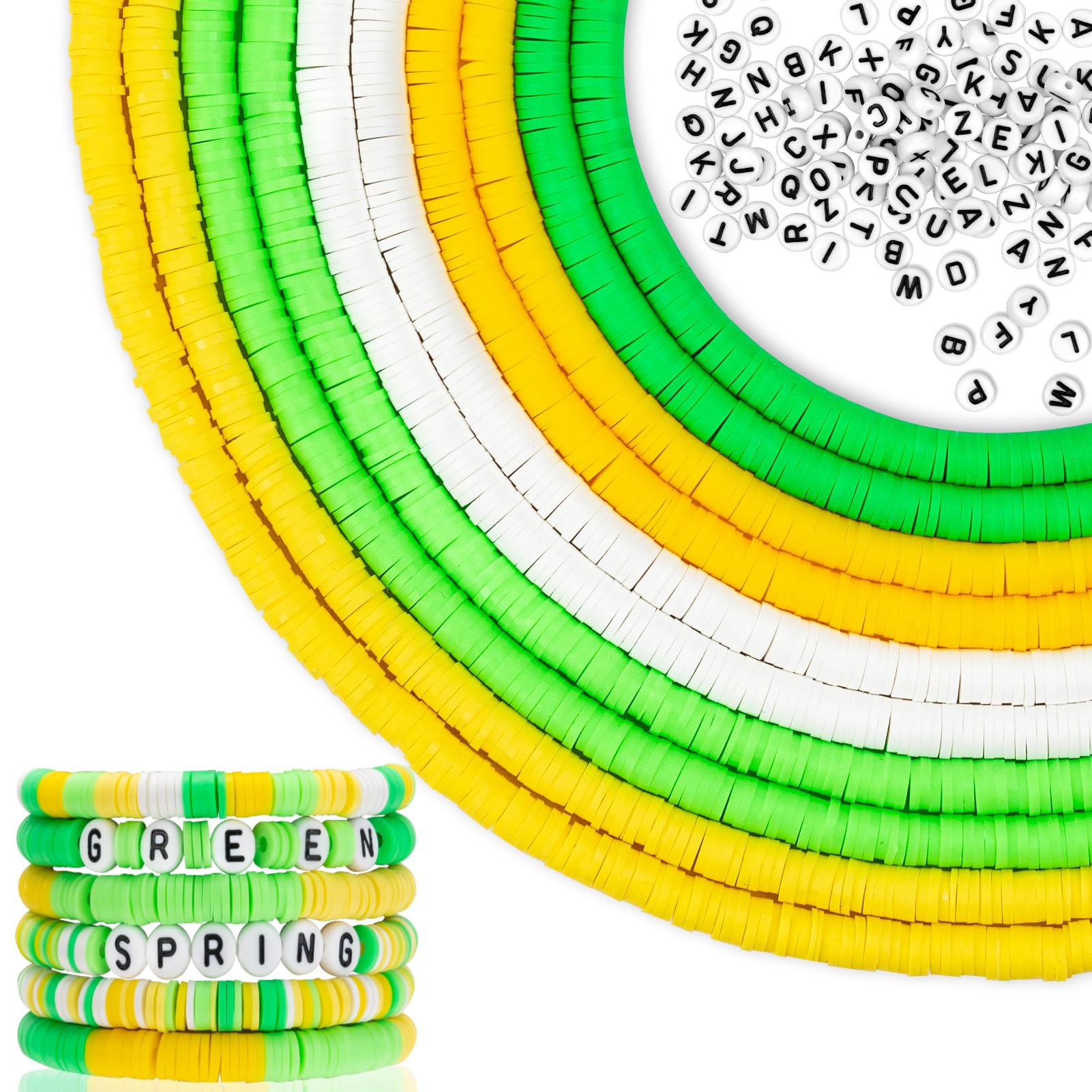 DEHVIHS Clay Beads, 3704Pcs Friendship Bracelet Kit 10 Strands with Letter Beads, 5 Colors Polymer Heishi Clay Beads Kit for Bracelets Necklace Making (Green)