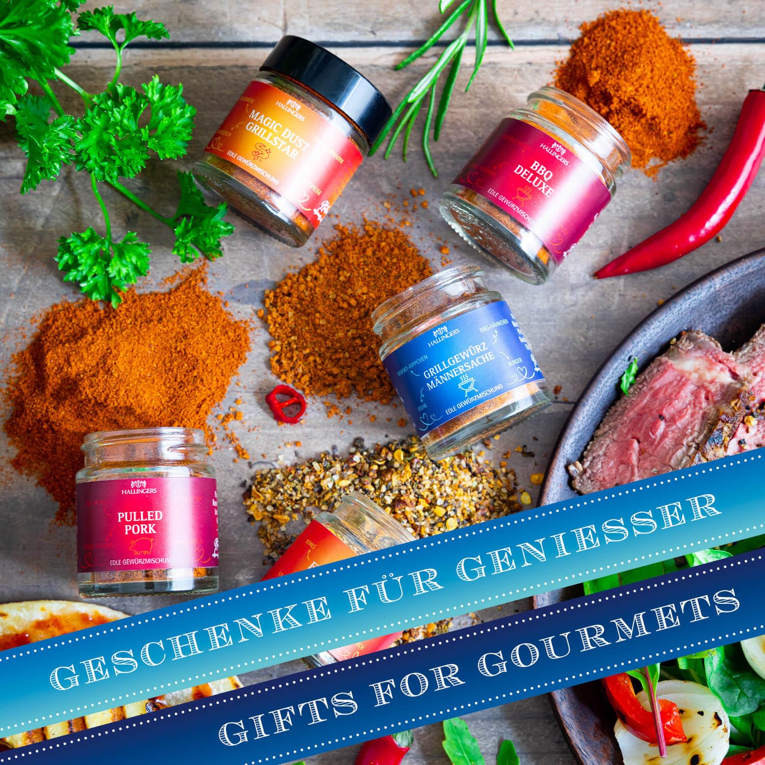 Hallingers Genuss Manufaktur Gewürz Geschenk-Set - 5 Gewürze aus aller Welt in wertiger Geschenkbox mit Rezept-Booklet "Echte Kerle", Geschenkidee für Männer Freund