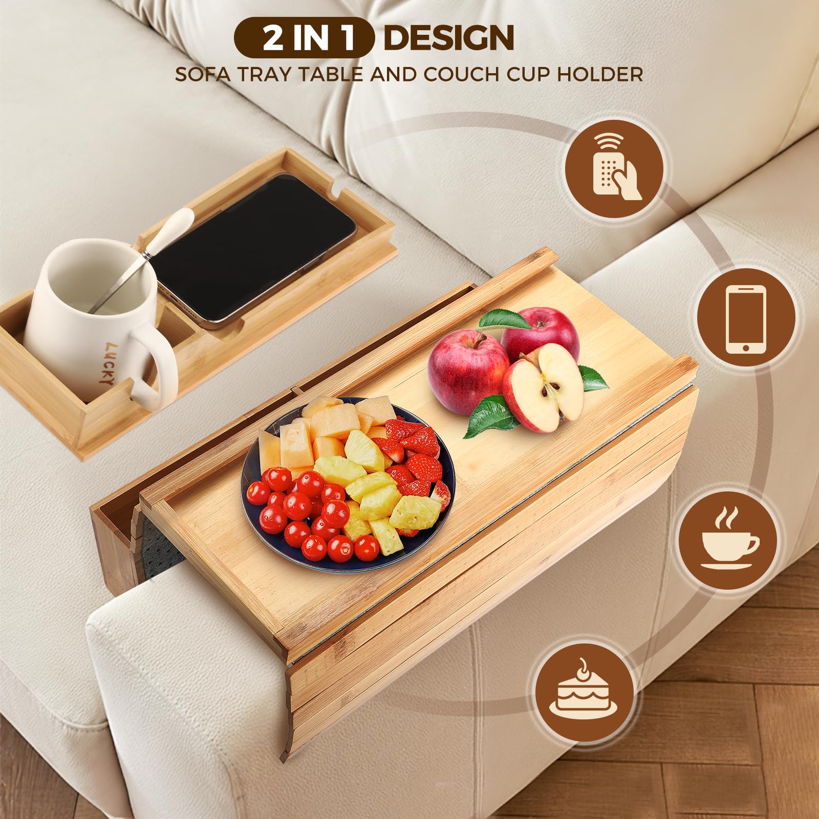 Towwoo Bandeja para Sofá de Bambú, Organizador de Reposabrazos para Sofa, Mesa Flexible con Clip para Brazo de Sofá, para Snacks, Bebidas, Teléfono, Control Remoto