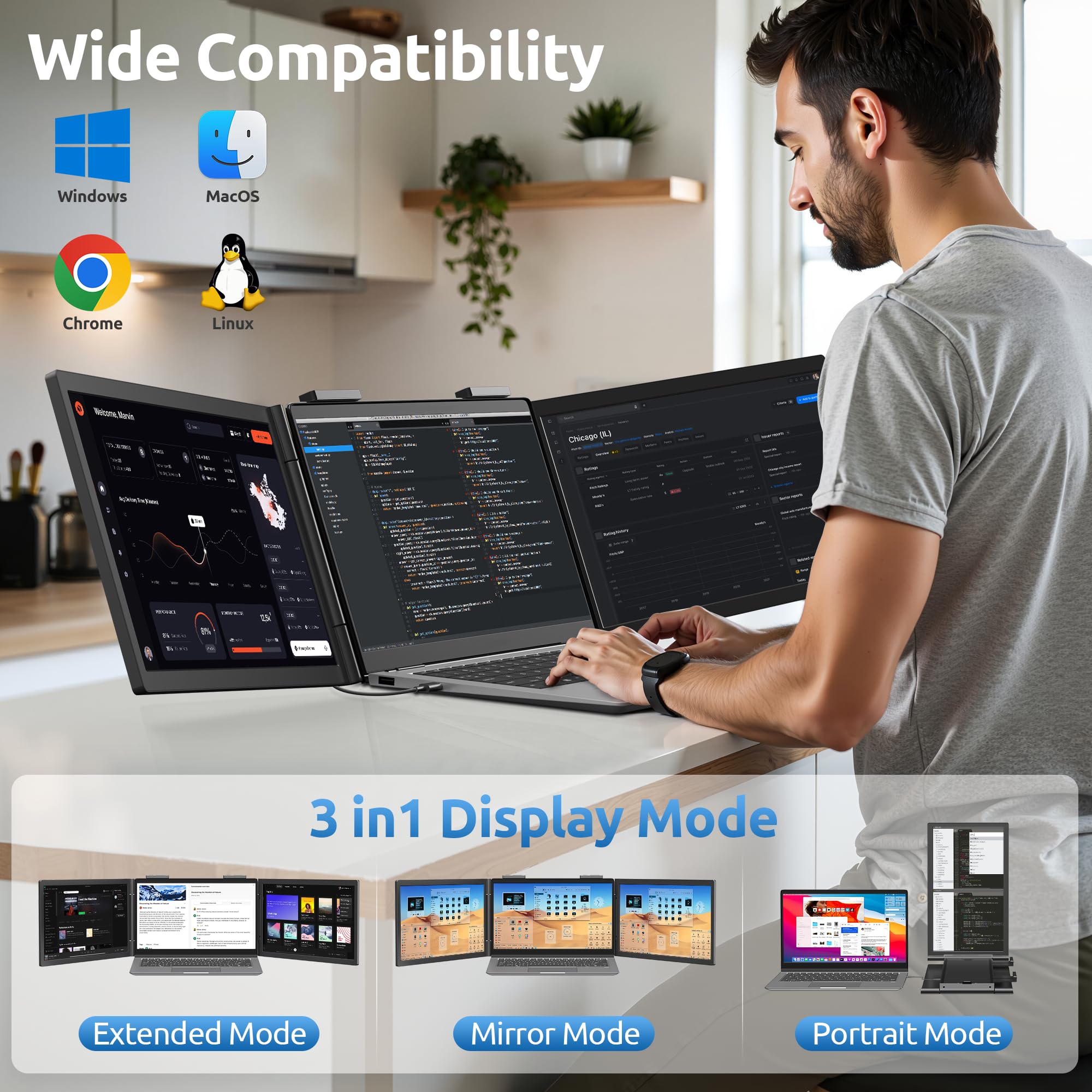 Dual Laptop Screen Extender, 14" 1080P IPS Portable Triple Monitor for 14-16.5" Laptops with USB-C Port, Plug and Play, Attachment Screen for Windows/Mac/Android/Switch/PS5/Xbox