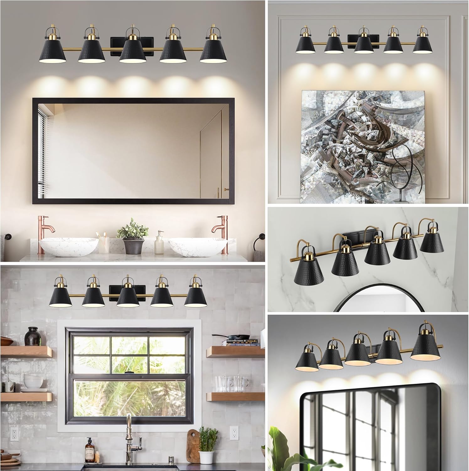 5-Lights Black and Gold Vanity Light, 40inch Modern Farmhouse Vanity Lights, Bathroom Light Fixtures Over Mirror with Hammered Metal Shade, Brushed Gold Wall Lamp for Bath Mirror Living Room Cabinet