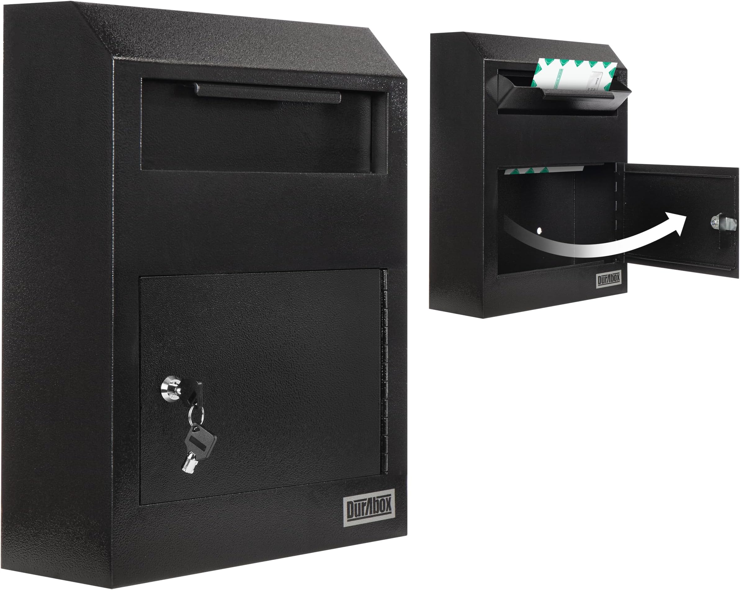 DuraBox Wall Mount Locking Drop Box, Heavy Duty Steel Mailbox for Rent Payments, Mail, Keys, Cash, Checks - Safe Storage Dropbox for After Hours Deposits W500 (Black)