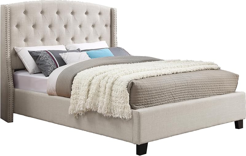 Roundhill Furniture Nantarre Fabric Tufted Wingback Upholstered Bed with Nailhead Trim, Queen, Tan