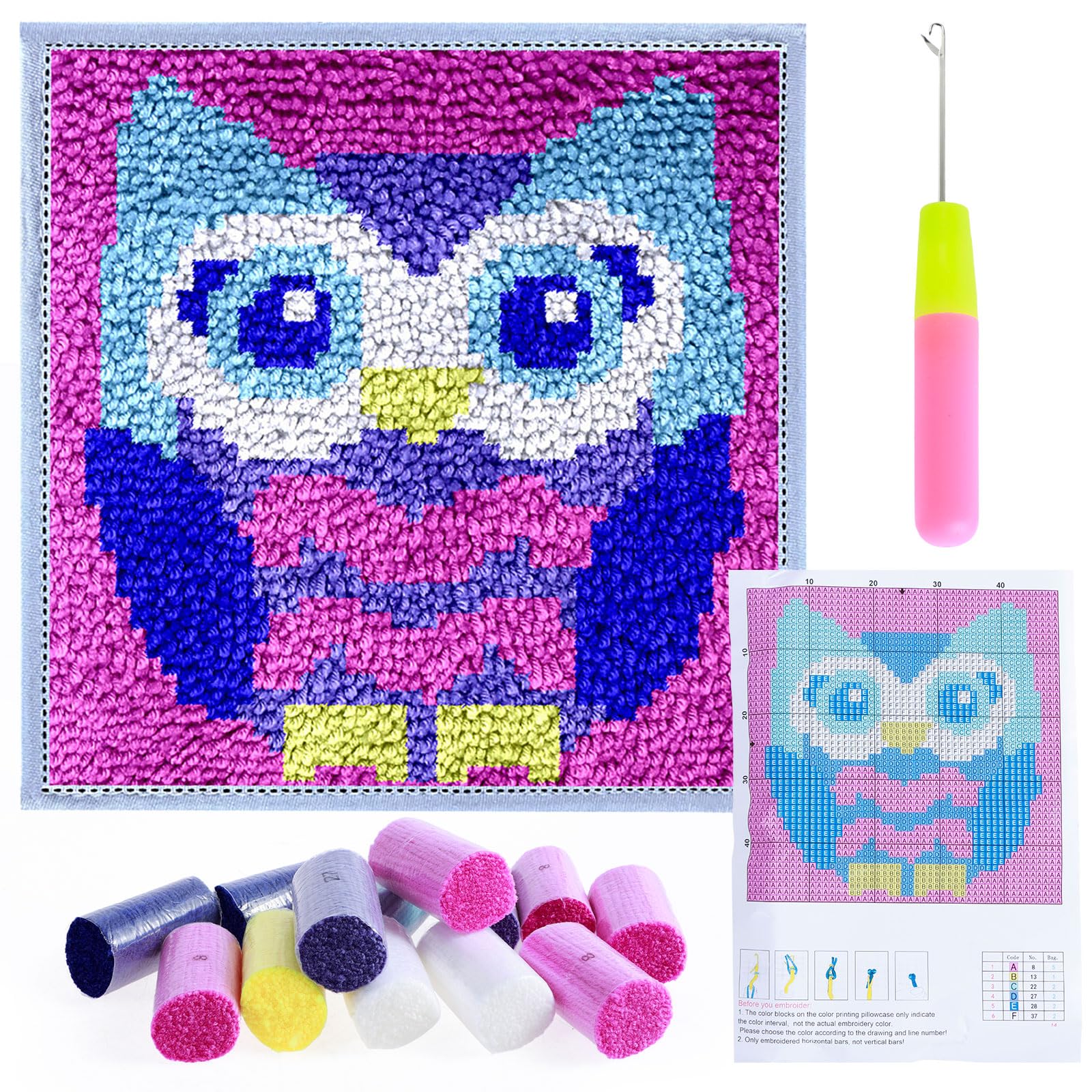 Latch Hook Kits ,DIY Craft Rug Sewing Set with Pre-Printed Pattern Cute Fox/Panda/Owl Latch Hook Craft Decorative Tapestry DIY Kit Latch Hook Rug Kits for Beginners Children Adults and Seniors (owl)
