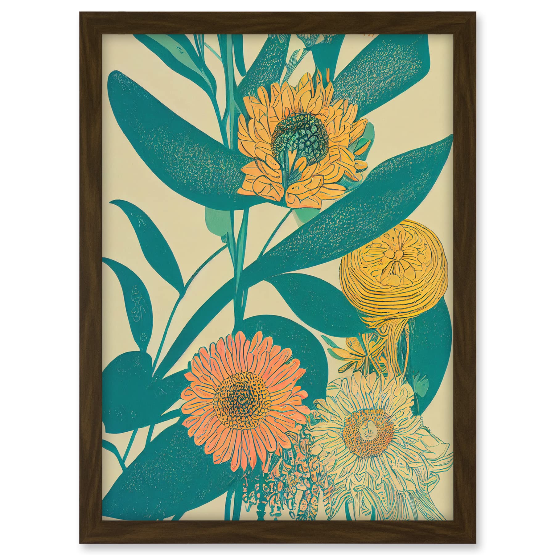 Wee Blue Coo Marigold Daisy Flowers Turquoise Leaves Bright Colourful Abstract Artwork Framed A3 Wall Art Print