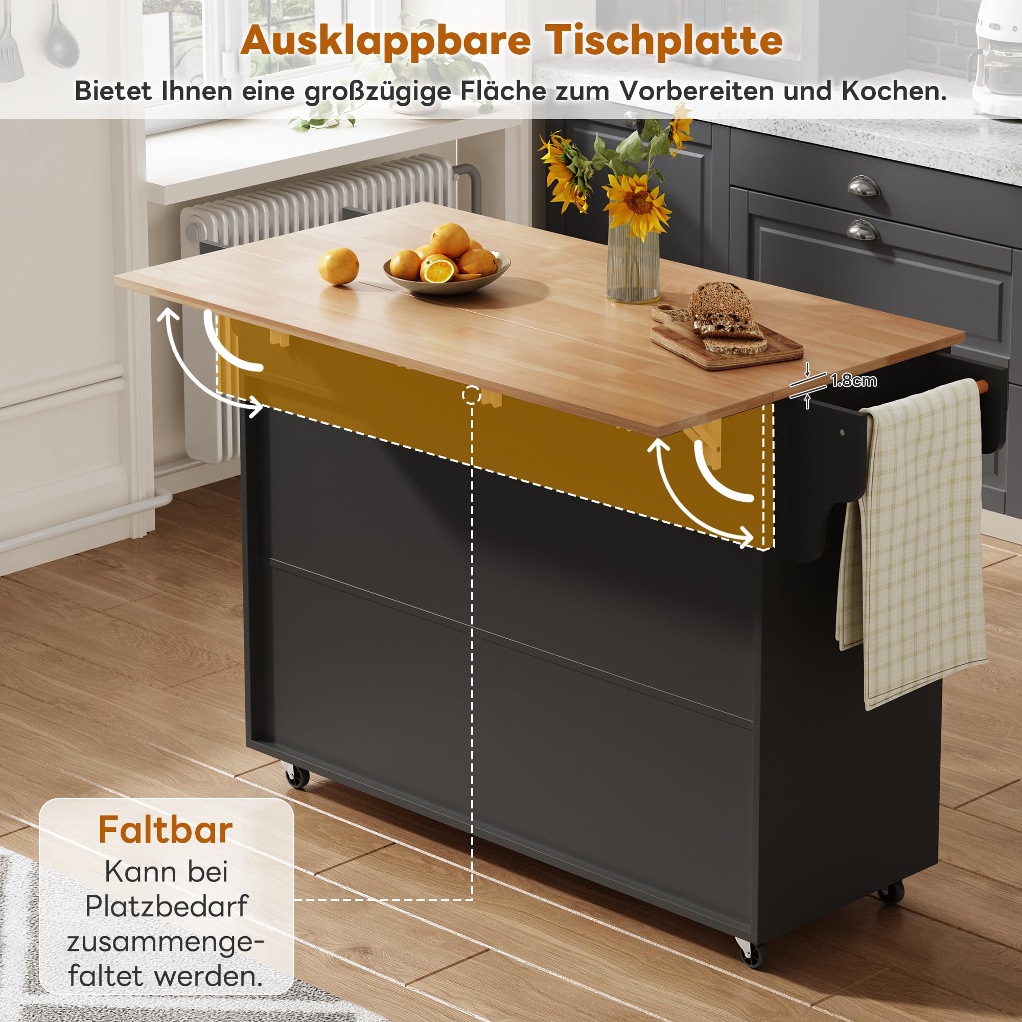 Kücheninsel mit Klappbare Arbeitsplatte 45-70 cm, Küchenschrank mit Schublade, Küchenwagen mit Rollen und Handtuchhalter