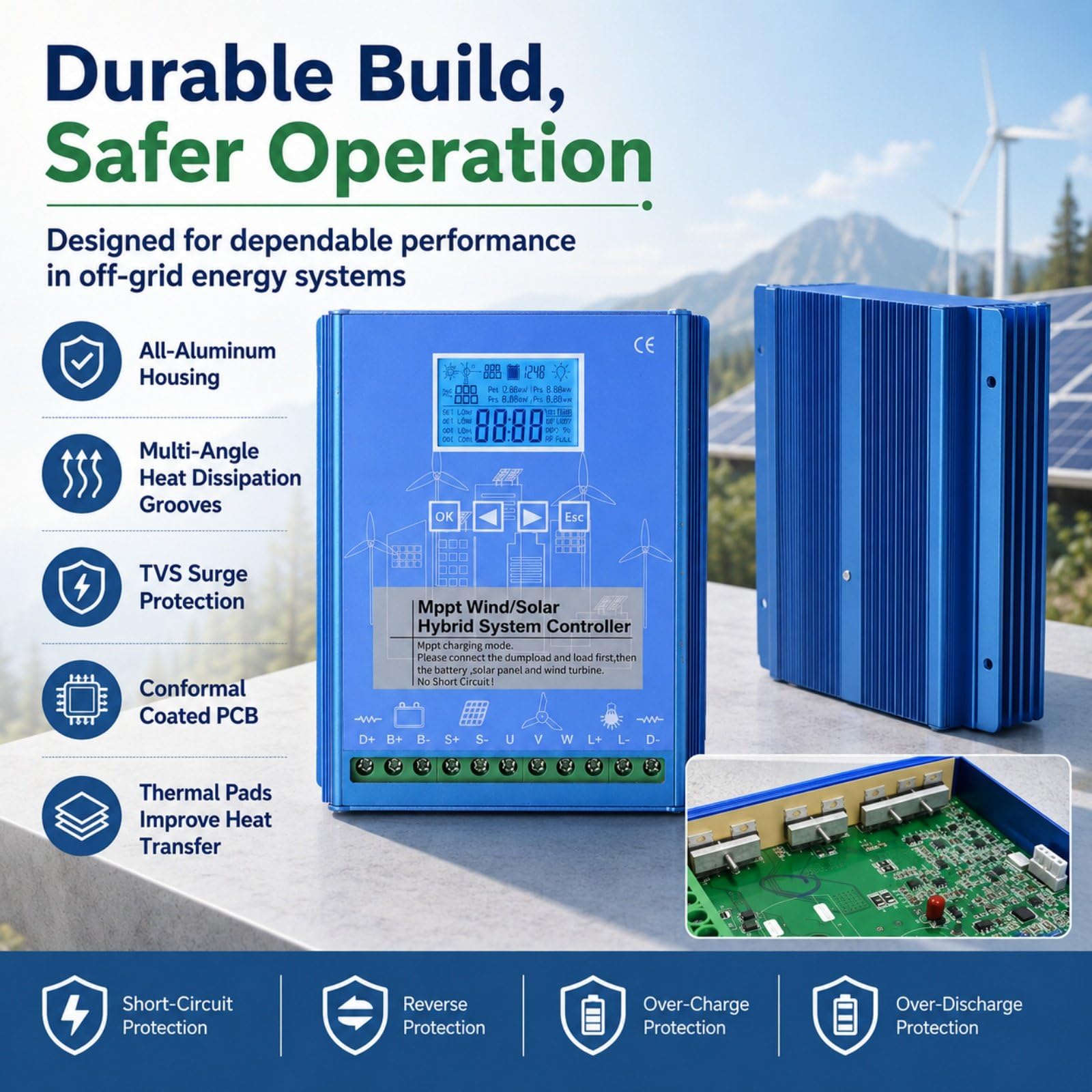 15000W Regolatore Eolico Solare, Carica Ibrida MPPT 12V/24V/48V 24V/15000W | Doppia Alimentazione, Corpo in Alluminio, Display LCD per Casa, Barca, Illuminazione Esterna