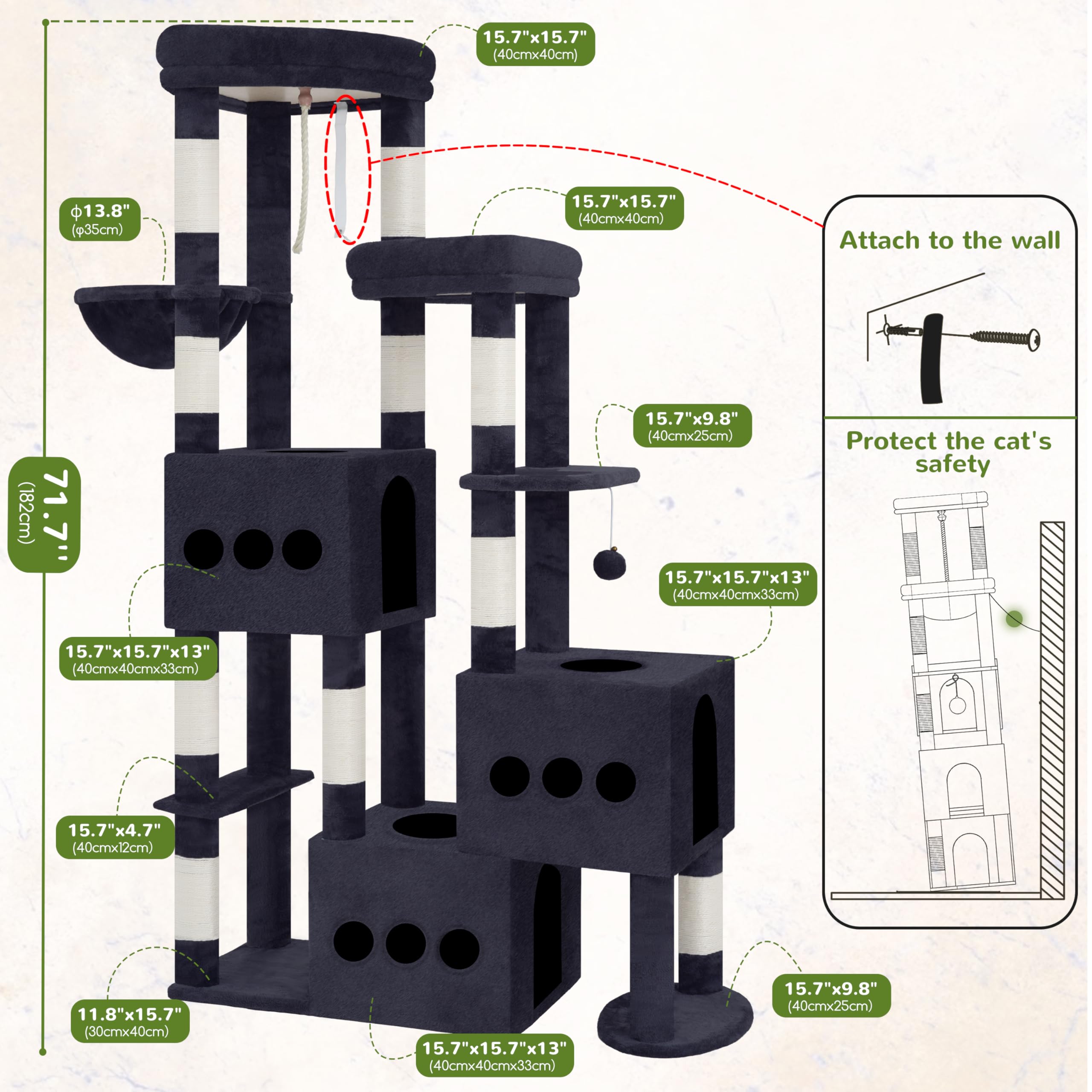 Gitelsnour Rascador para Gatos de 182 cm, Árbol rascador para Varios Gatos antivuelco y Estable con 3 Cuevas Grandes, con 3 Plataformas, Cesta Colgante y 10 Postes rascadores, Gris Ahumado GCT036G