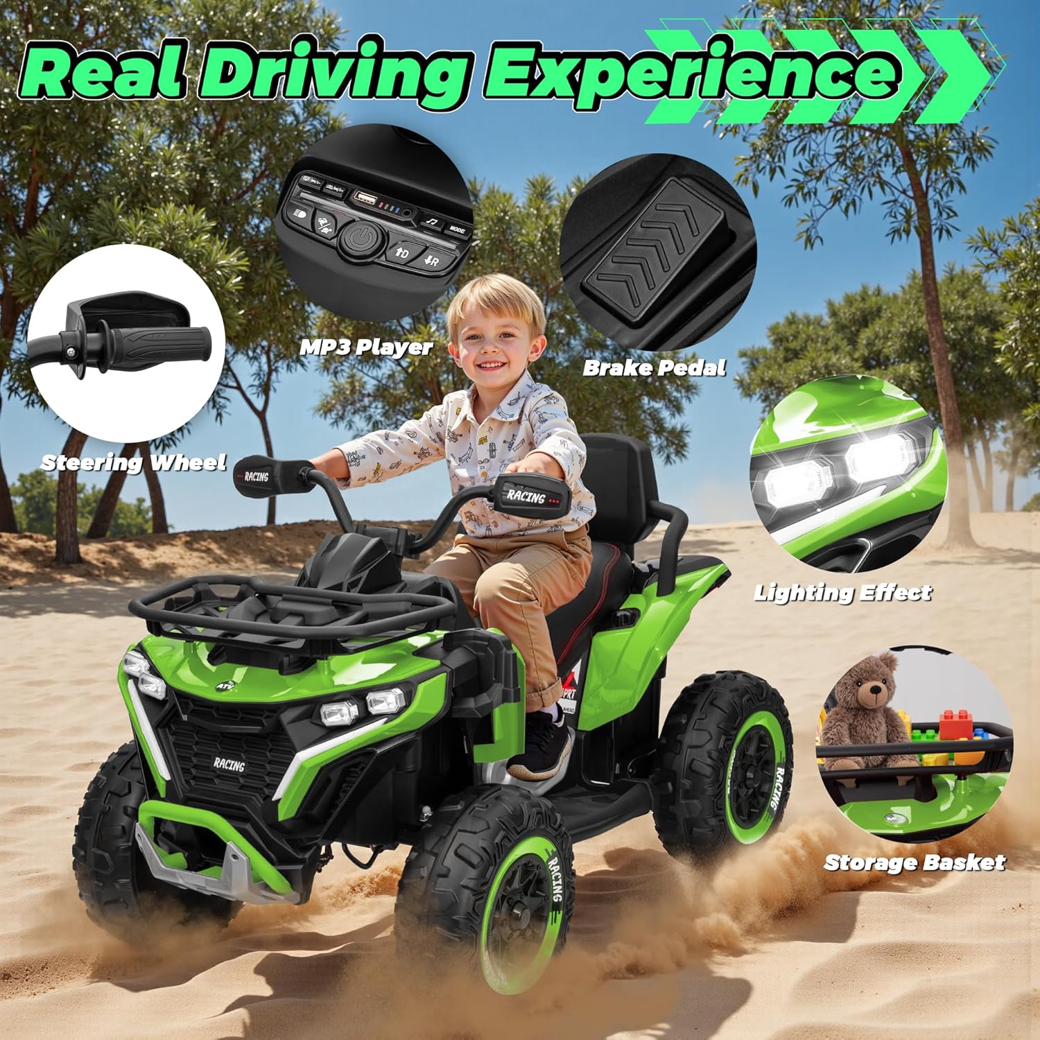 24V Ride on Car, Kids ATV XL Four Wheeler w/EVA Tires, 19-Inch Leather 2 Seater, 800W Motors, Remote Control, Knee Pads, Flower, 24 Volt Ride on Toys Quad for Big Kids, Green