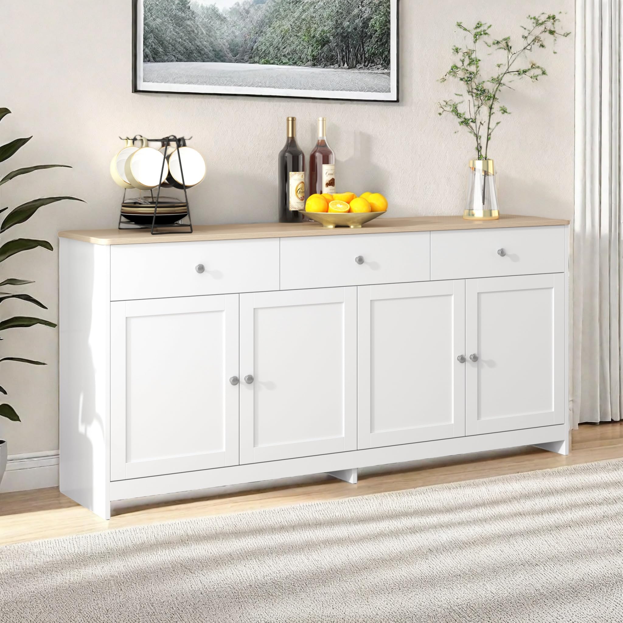 Credenza Cucina, Credenza Buffet con 4 Ante e 3 Cassetti, Ideale per Soggiorno, Ingresso, Foyer e Sala da Pranzo, Stile Country, 160x37x75cm, Colore Bianco