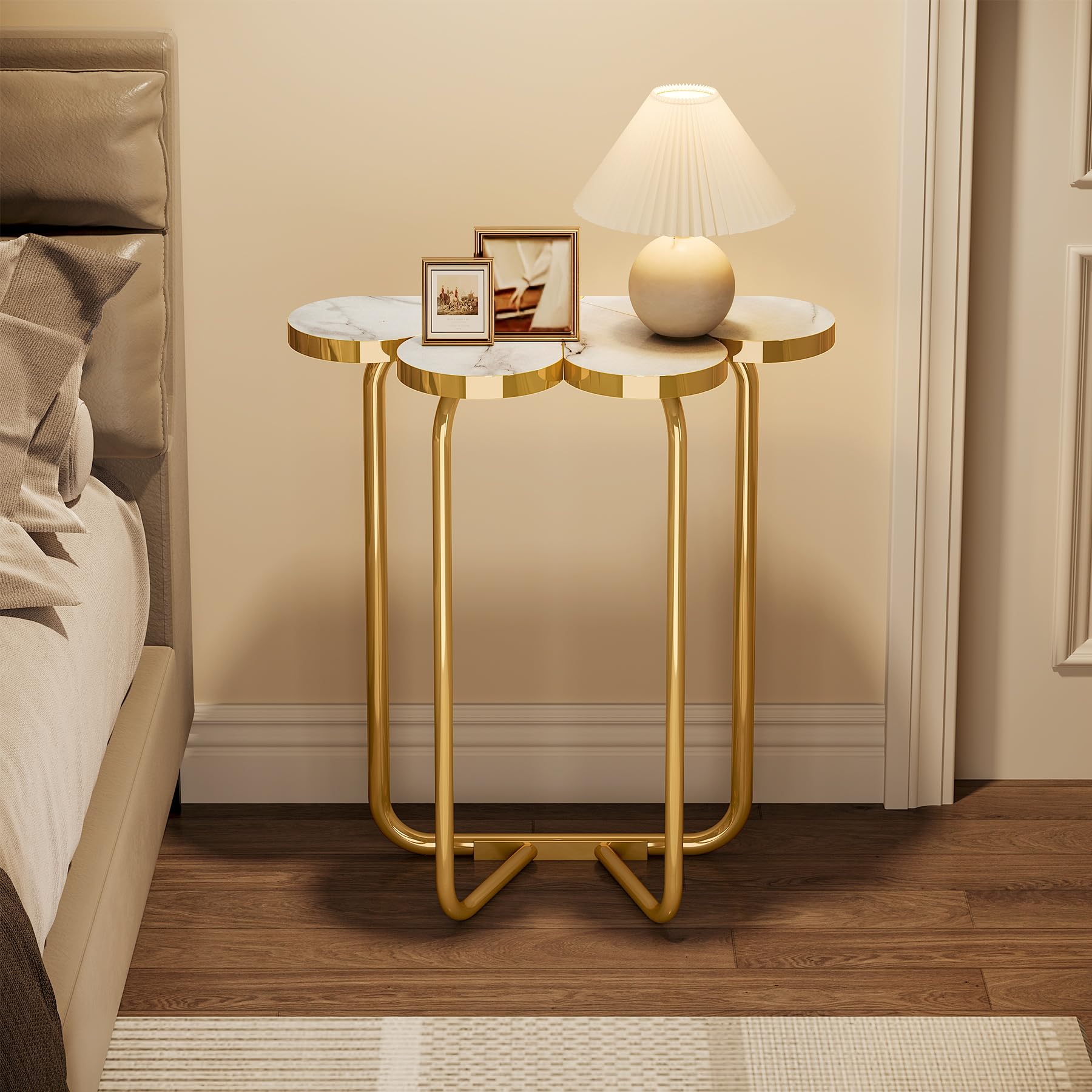 Tribesigns Narrow Side Table, Half-Flower Accent Side Table with Stylish Gold Frame, White and Gold End Tables, 26-Inch Tall Faux Marble Nightstand for Bedroom