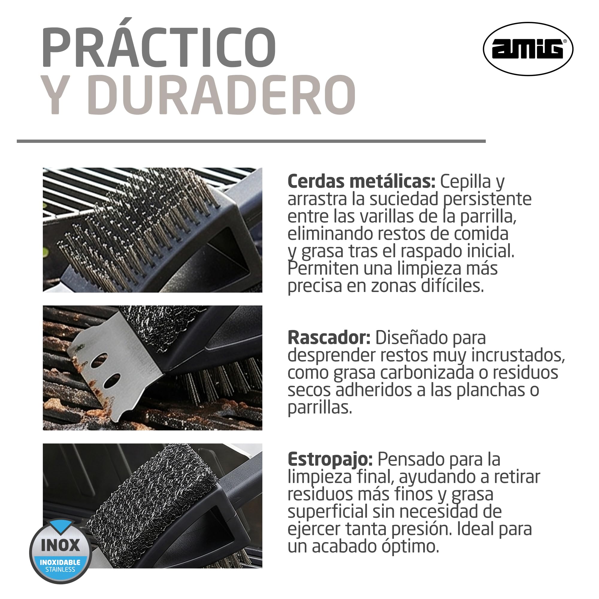 Amig Brosse de Nettoyage Barbecue 3 en 1 AM20 - Acier Inoxydable 201, 37 x 6 cm