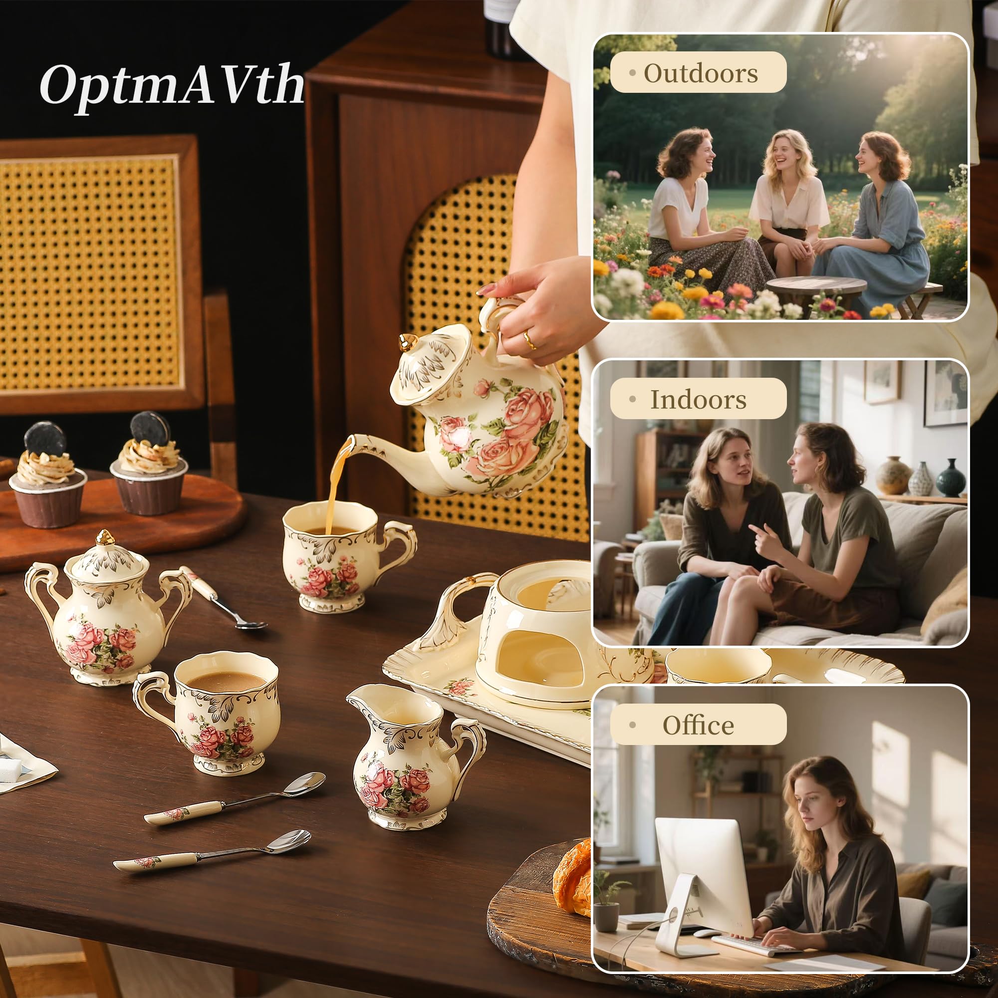OptmAVth Ceramic Teapot&Tea Set, for Outdoor or Indoor Leisure, Heatable and Removable, with 4 Cups, a Sugar Bowl and Milk Jug, Rose White