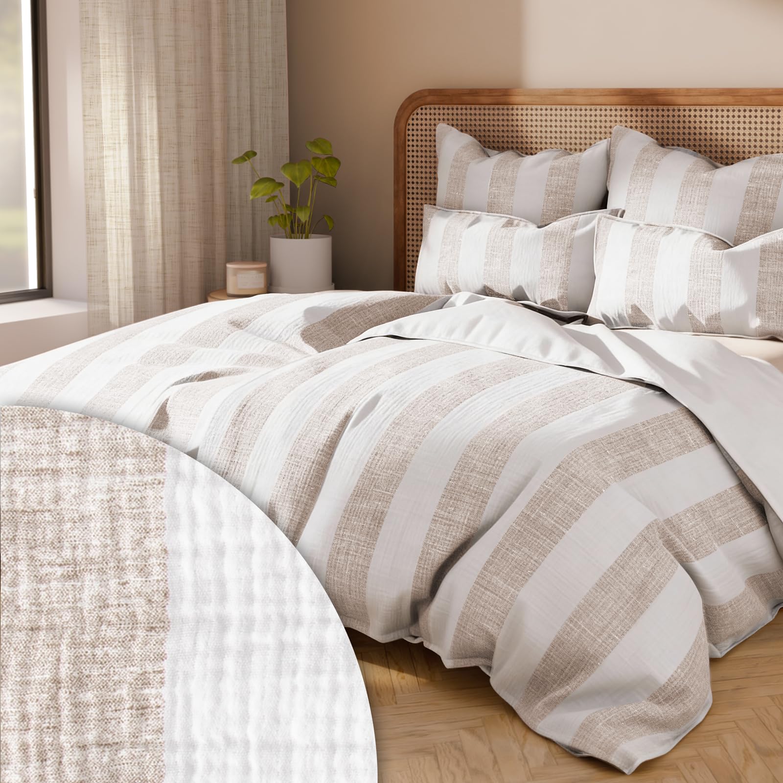 Pure Label Musselin Bettwäsche 135x200 Baumwolle, gestreiftes Bettwäsche Set Beige mit Kissenbezug 80x80, anschmiegsame Baumwoll-Rückseite - 2