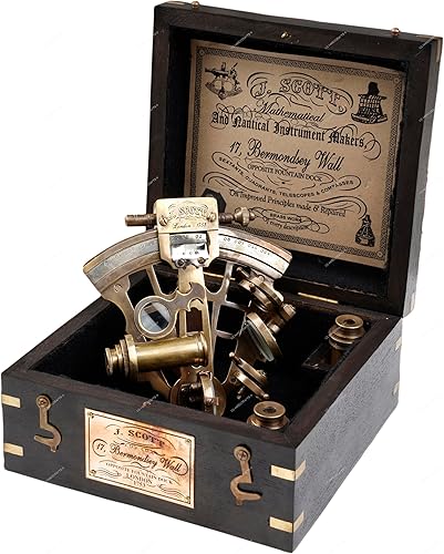 US HANDICRAFTS J. Scott London Brass Ship History Sextant con caja de madera dura.J. Scott London Brass Ship History Sextant con caja de madera dura.