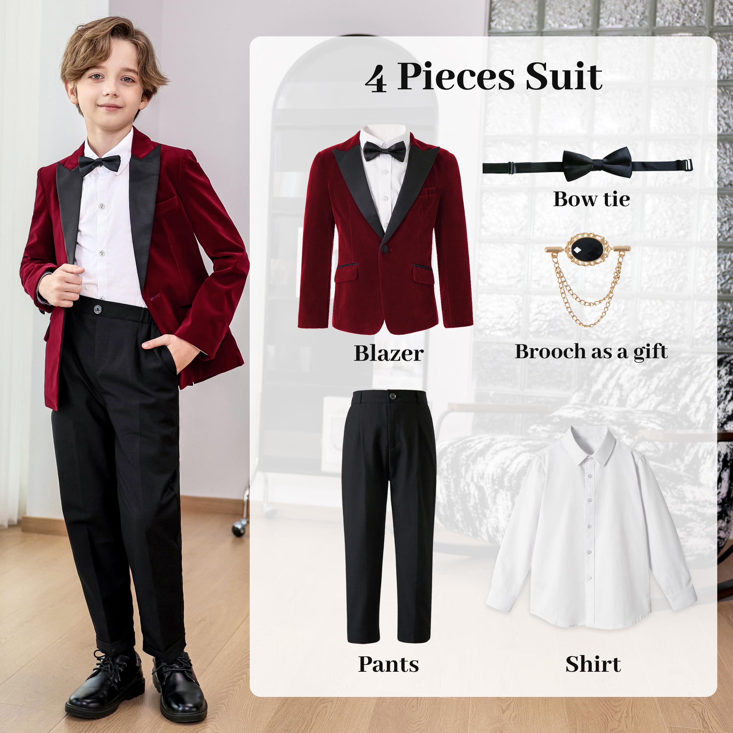 LOLANTA Jungen Samtanzug 4-teiliges Kinderanzug-Set Festanzug Smoking mit Blazer Hose Hemd Fliege