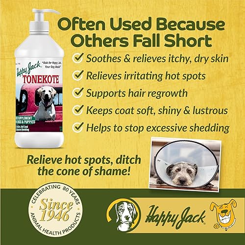 Miniatura 2 de Happy Jack Tonekote Suplemento para piel y pelaje de perro, aceite para perros con ácidos grasos esenciales y vitaminas para aliviar la picazón,